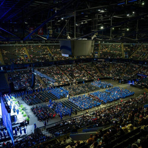 Overhead shot of the approximately 1,000 graduates who took part in commencement on Friday, May 2.